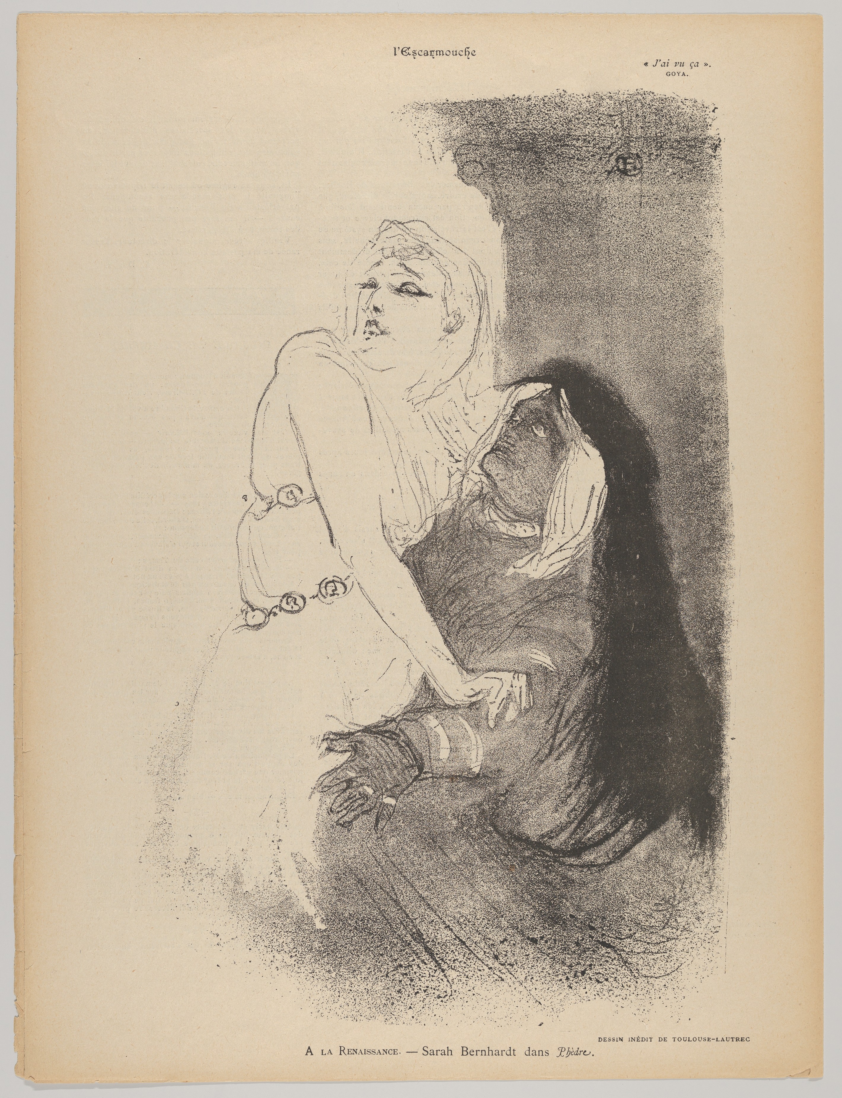 <p>Henri de Toulouse-Lautrec (French, Albi 1864–1901 Saint-André-du-Bois)<br /> A La Renaissance:  Sarah Bernhardt Dans Phèdre, 1893<br /> French,<br /> Photo mechanical reproduction of lithograph, on machine wove paper; 15-3/8 x 11-13/16 in.  (39.1 x 30.0 cm)<br /> The Metropolitan Museum of Art, New York, The Elisha Whittelsey Collection, The Elisha Whittelsey Fund, 1954 (54.658.2(7-2))<br /> http://www.metmuseum.org/Collections/search-the-collections/334172</p> 